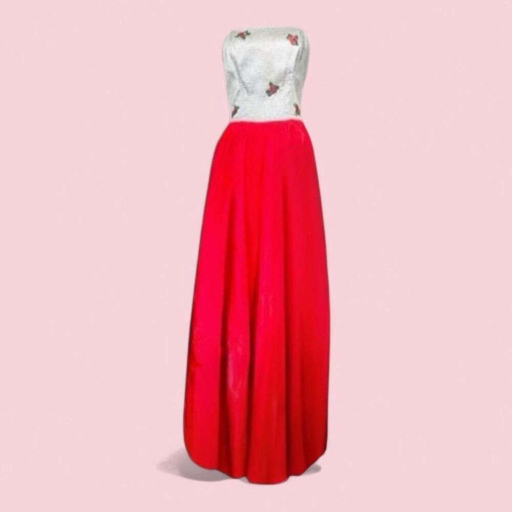 Y2K Vtg L.O.L. Strapless Red and White Gown sz M/L